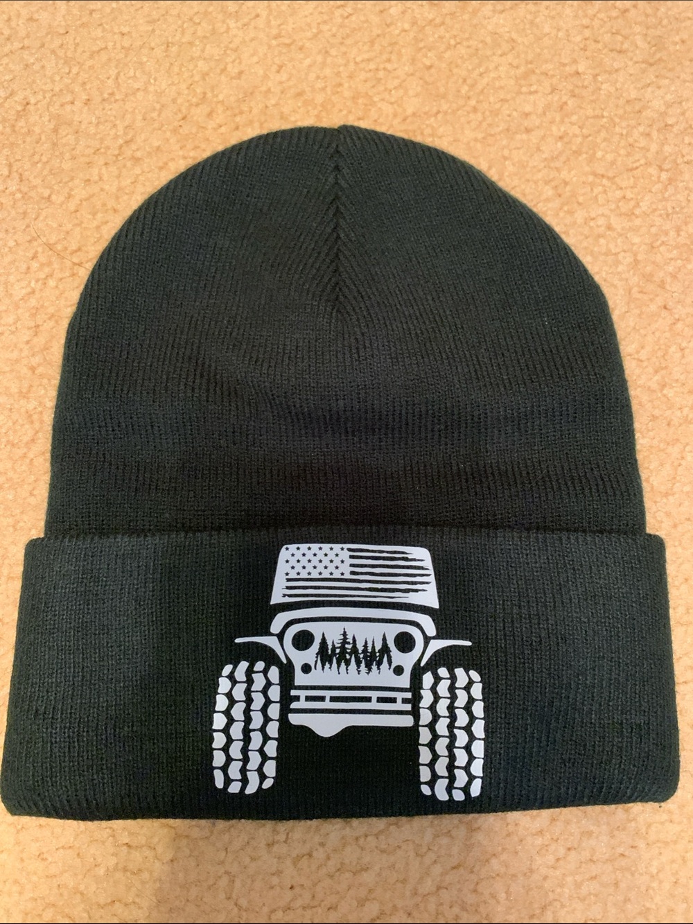 Black Beanie with White Jeep & American Flag Graphic